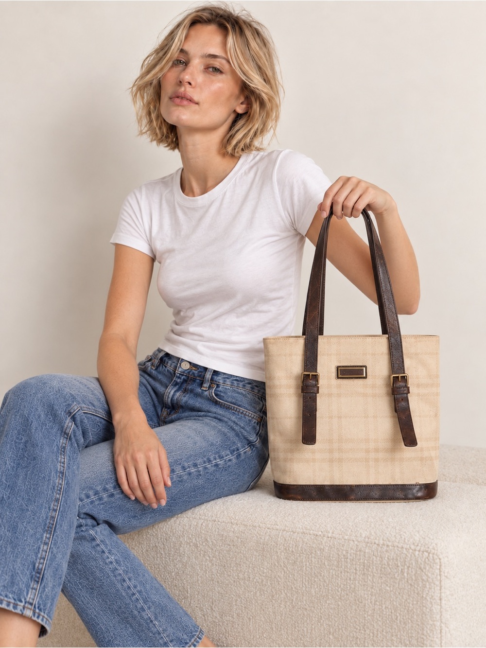 BURBERRY Beige Check Canvas Tote with Brown Leather Buckle Straps